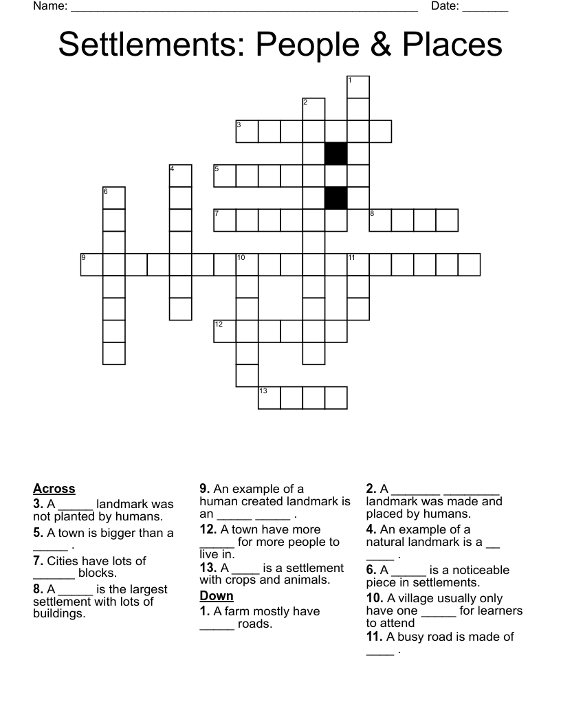 Settlements: People & Places Crossword