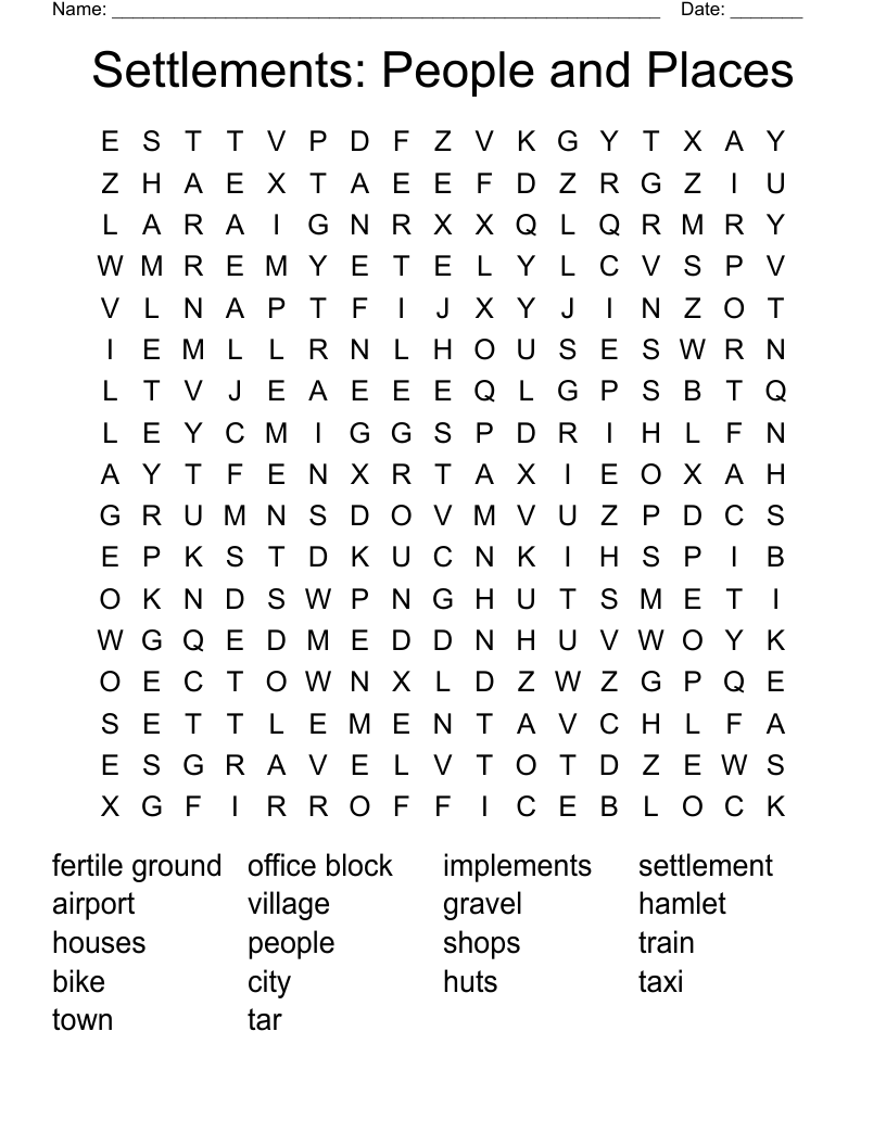 Settlements: People and Places Word Search