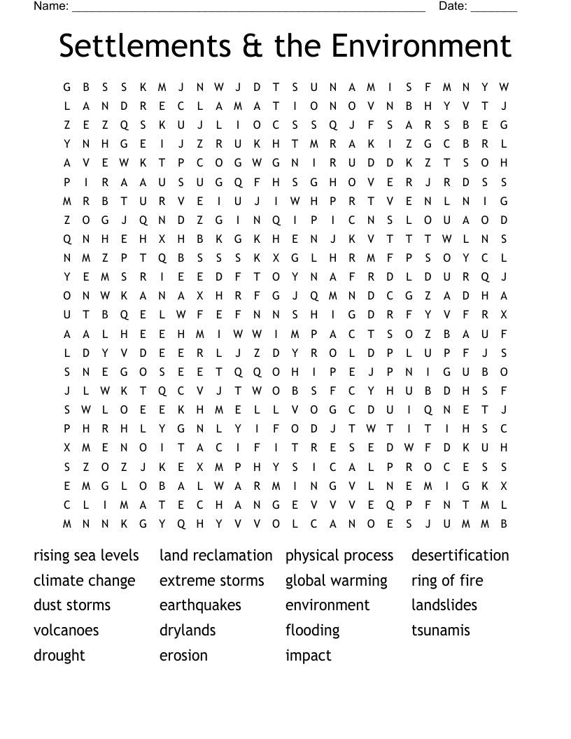 Settlements & the Environment Word Search