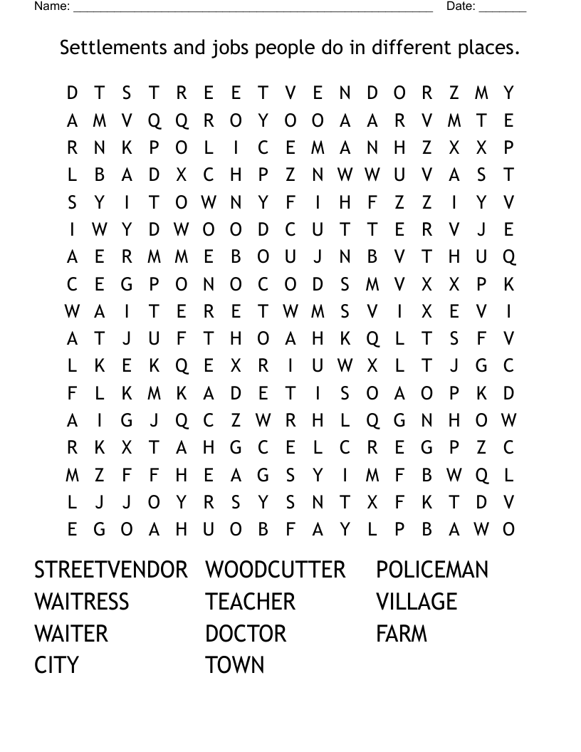 Settlements and jobs people do in different places. Word Search