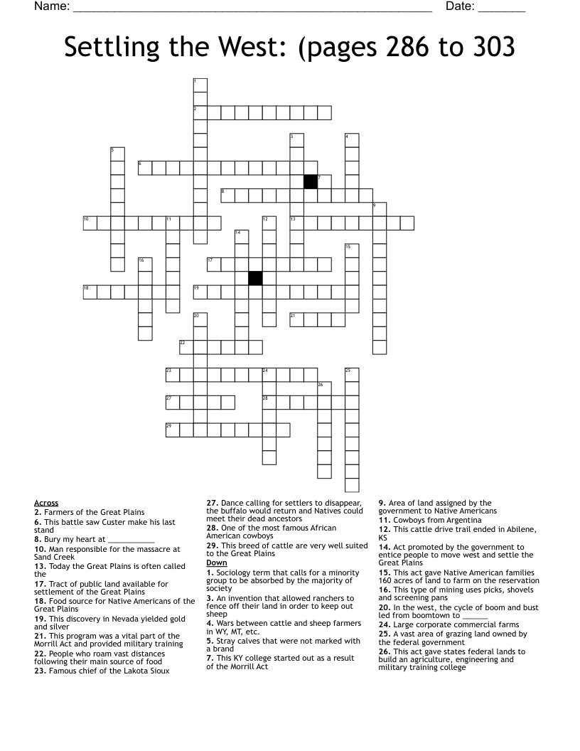 Settling the West:  (pages 286 to 303 Crossword