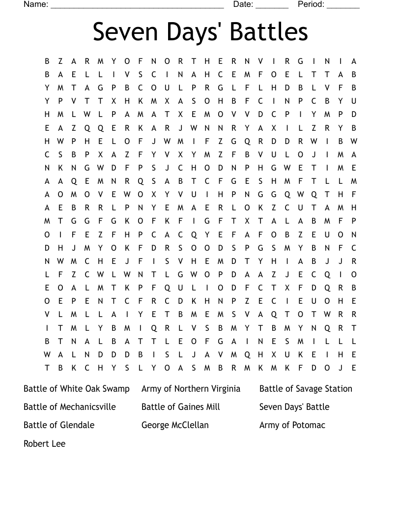 Seven Days' Battles Word Search
