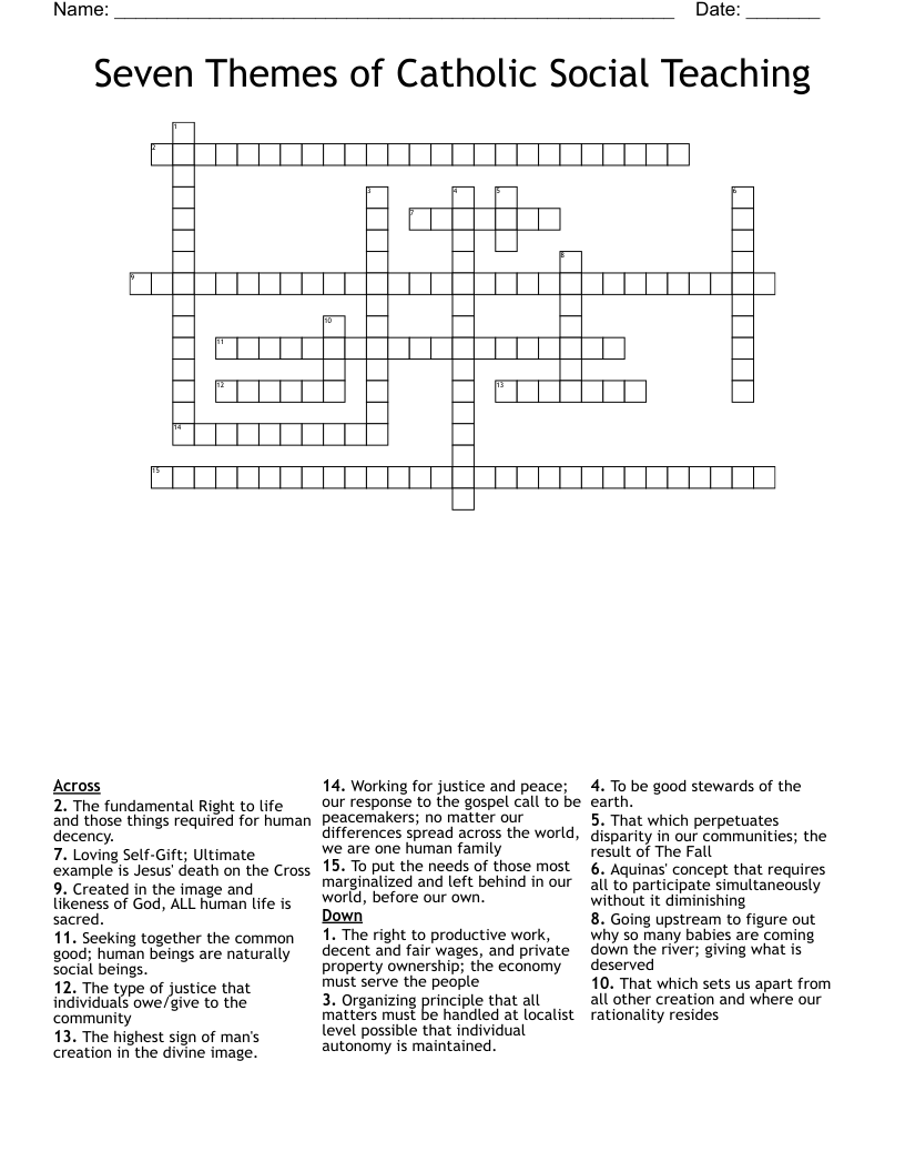Seven Themes of Catholic Social Teaching Crossword