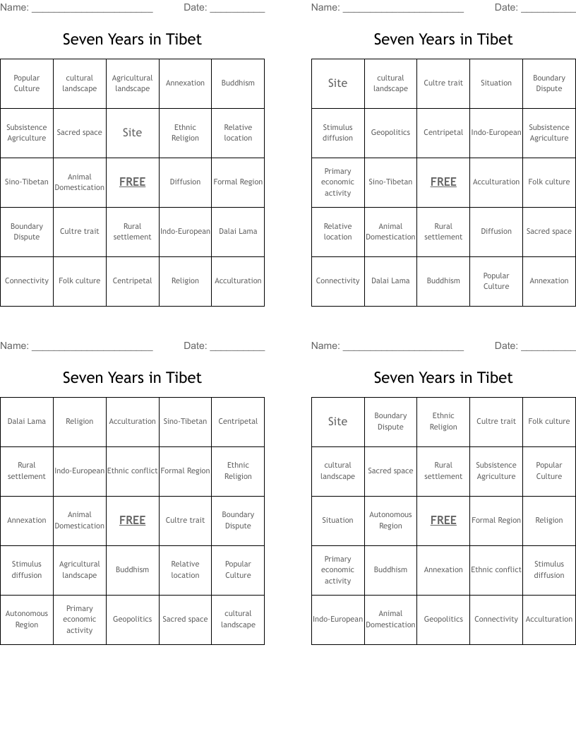 Seven Years in Tibet Bingo Cards