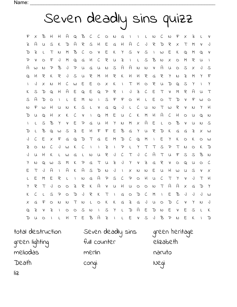 Seven deadly sins quizz Word Search