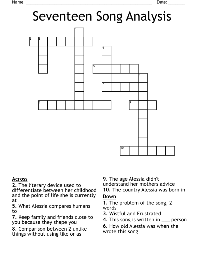 Seventeen Song Analysis Crossword