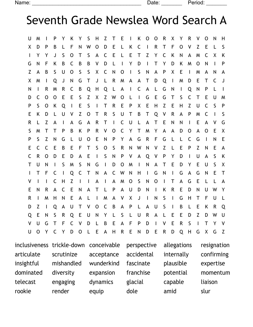 Seventh Grade Newslea Word Search A