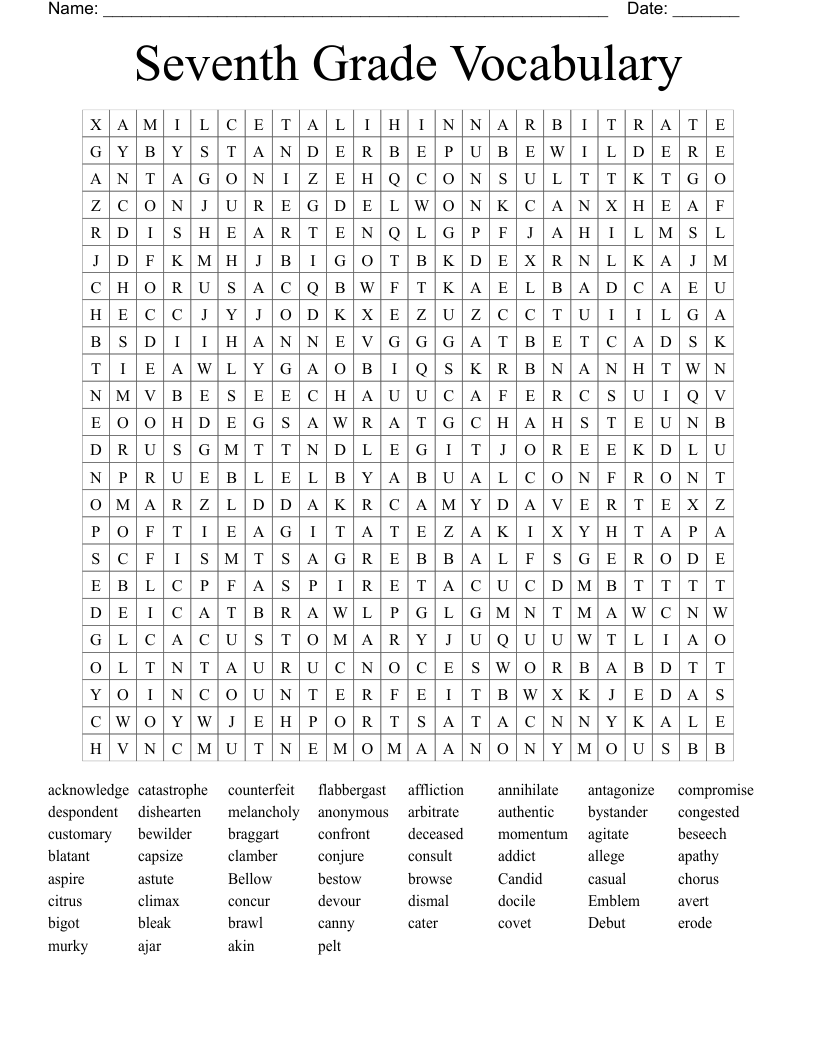 Seventh Grade Vocabulary Word Search