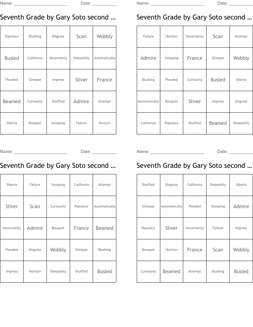 Seventh Grade by Gary Soto second puzzle Bingo Cards