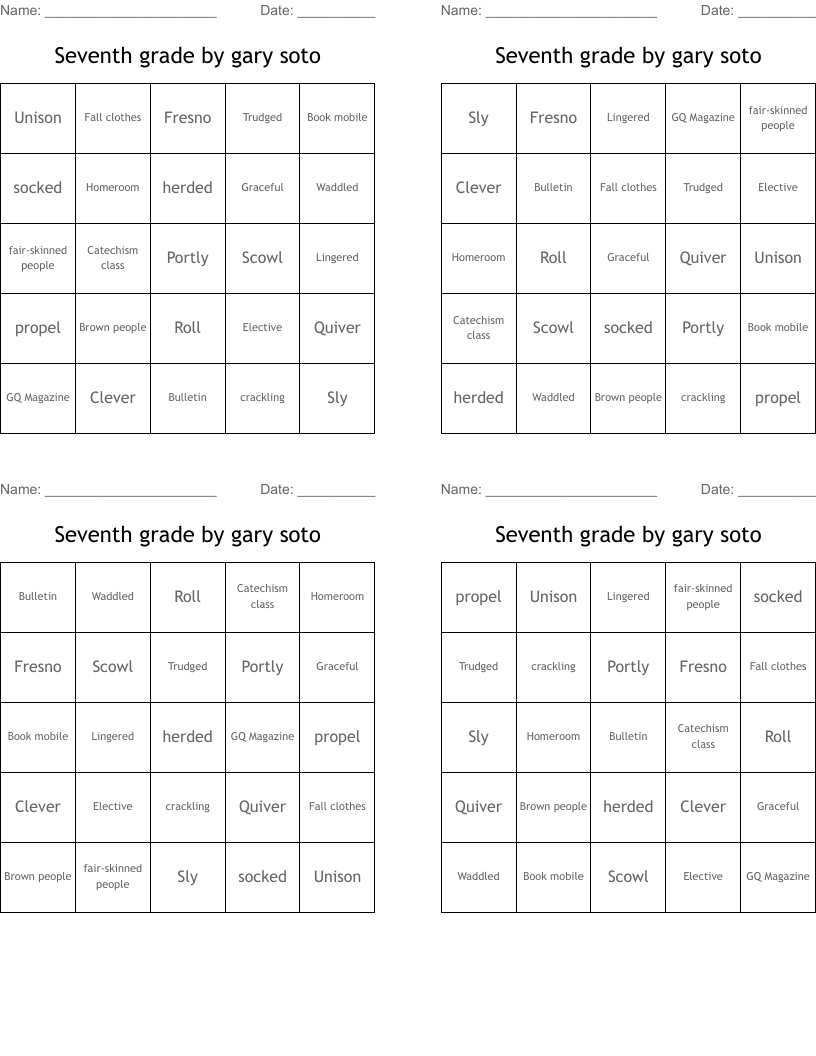 Seventh grade by gary soto Bingo Cards