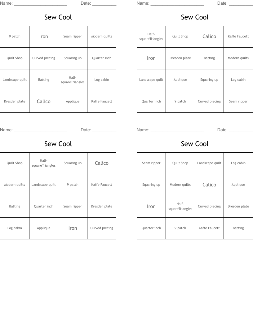 Sew Cool Bingo Cards