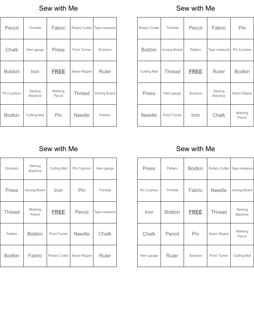 Sew with Me Bingo Cards
