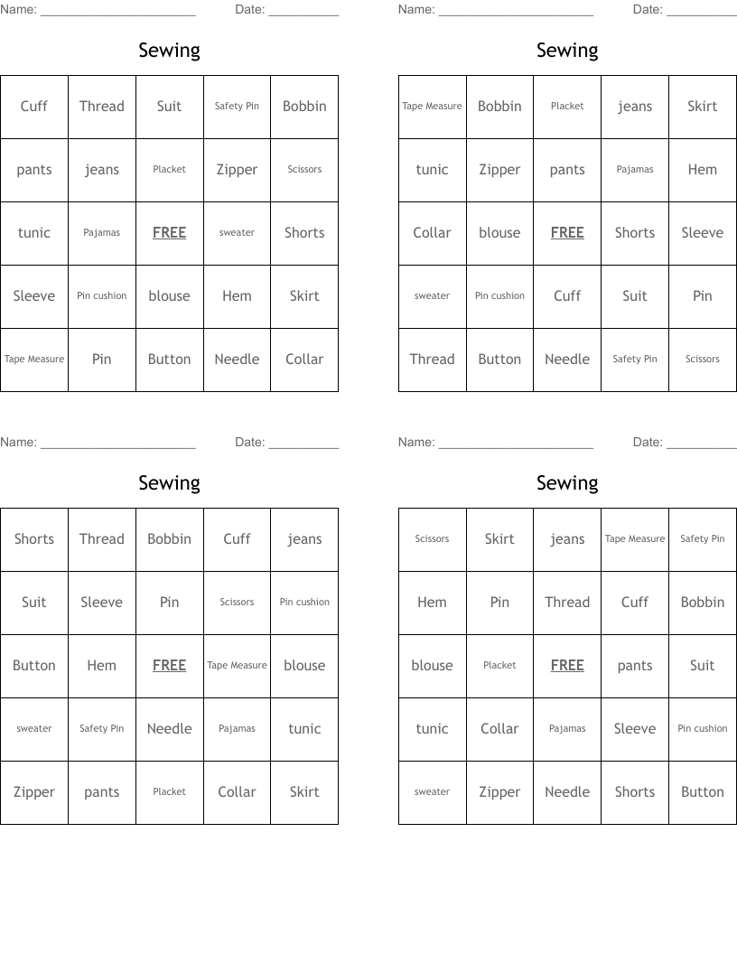 Sewing Bingo Cards