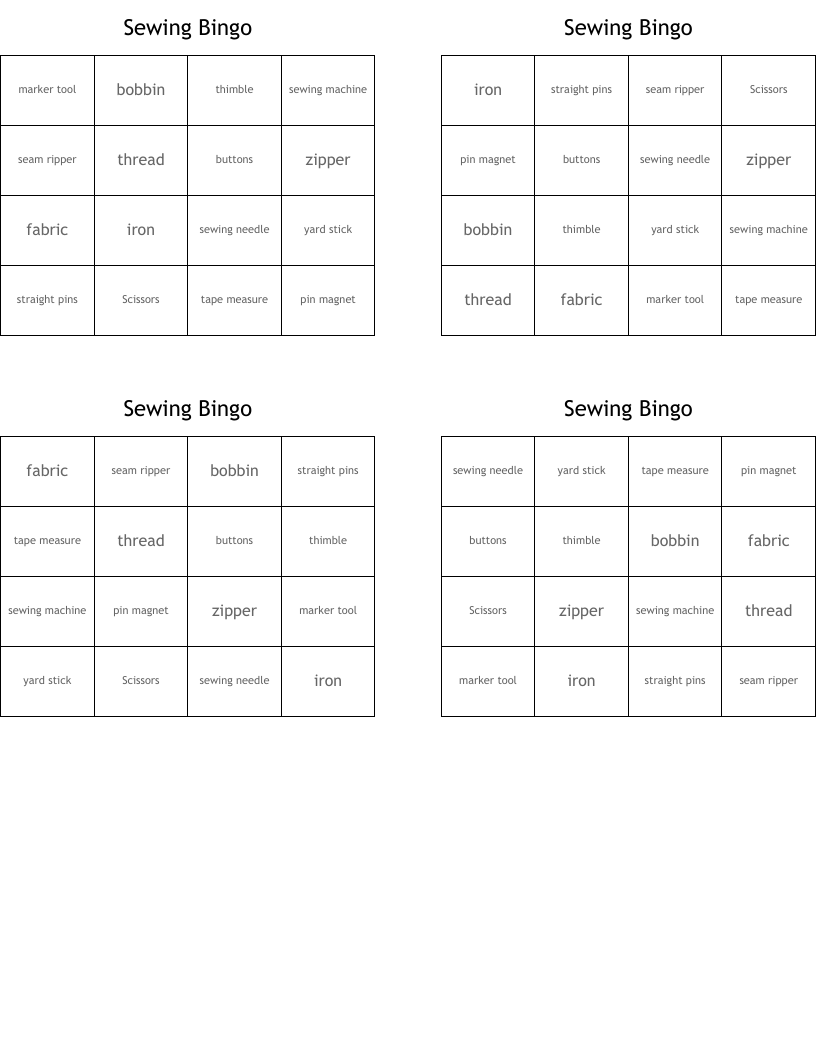 Sewing Bingo