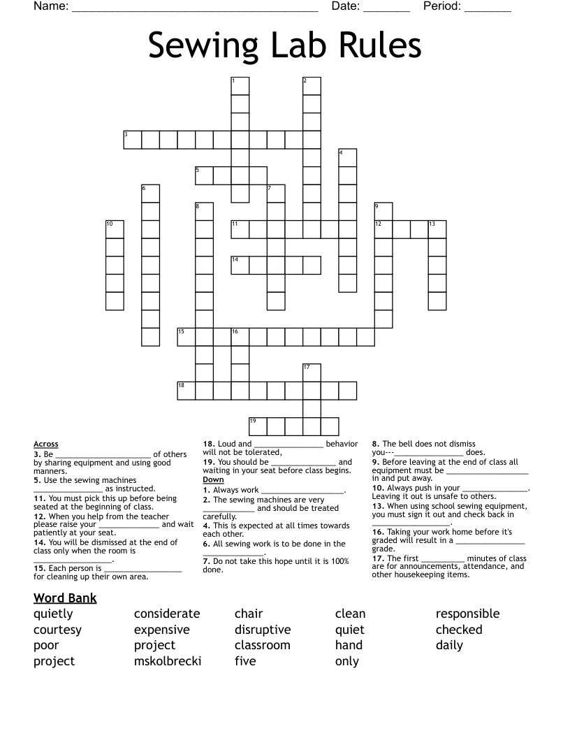 Sewing Lab Rules Crossword