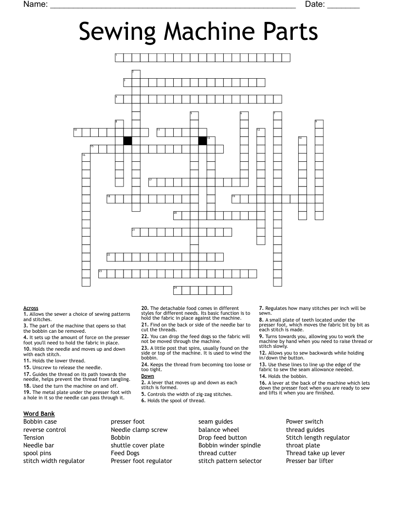 Sewing Machine Parts Crossword