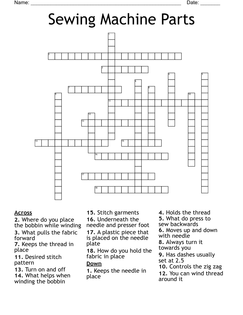 Sewing Machine Parts Crossword