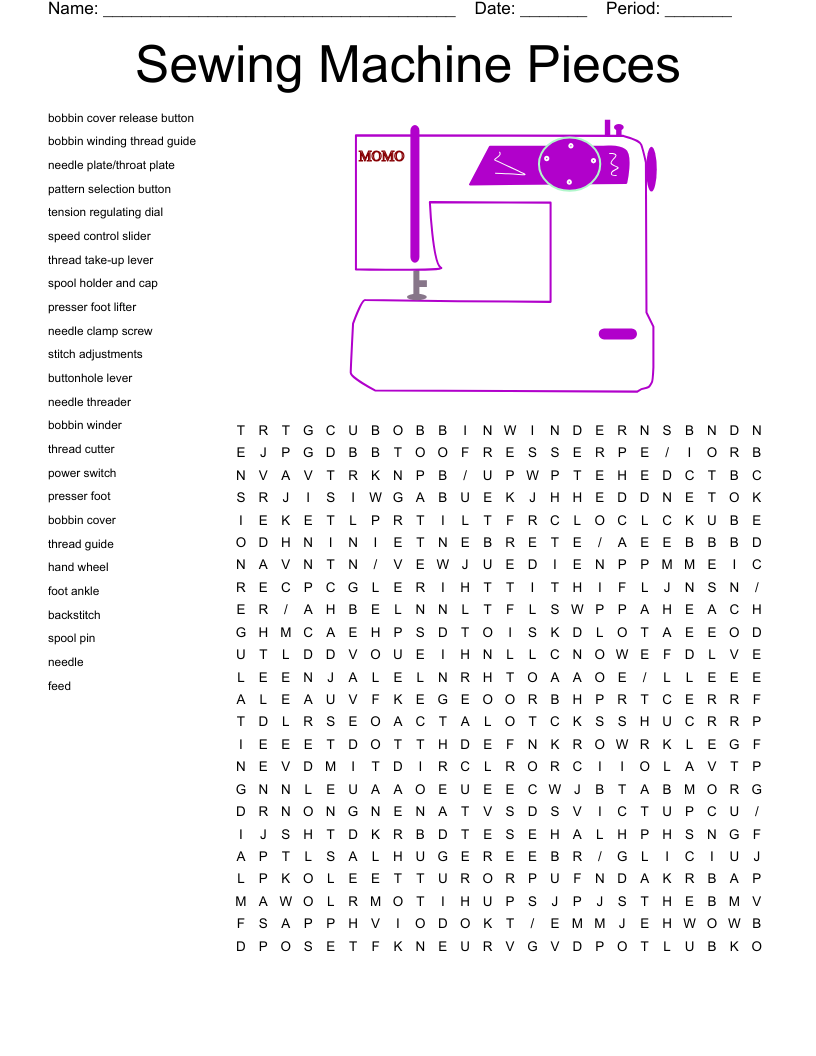 Sewing Machine Pieces  Word Search