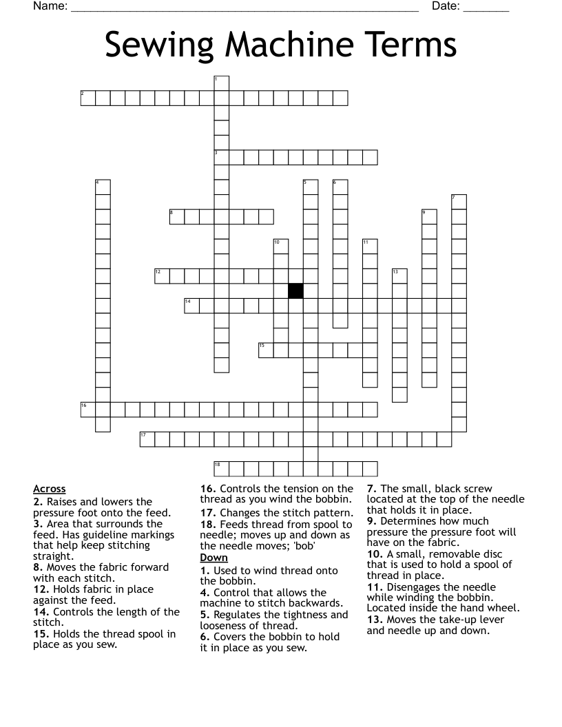 Sewing Machine Terms Crossword