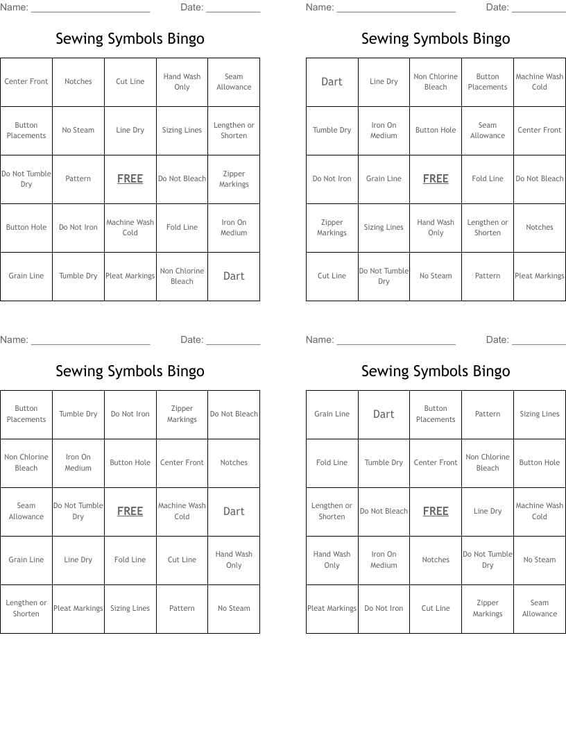 Sewing Symbols Bingo