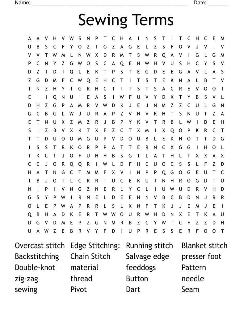 Sewing Terms Word Search