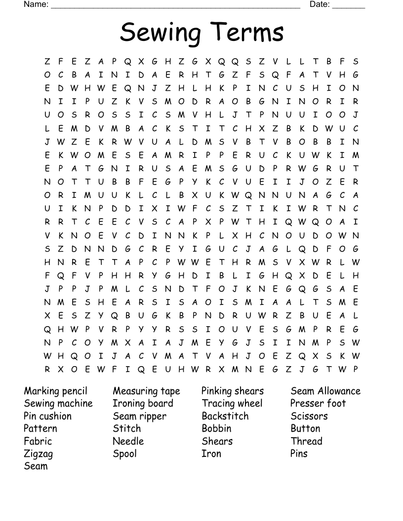 Sewing Terms Word Search