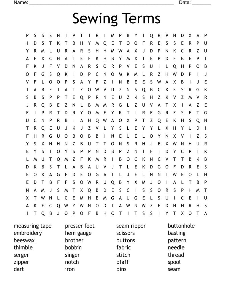 Sewing Terms Word Search