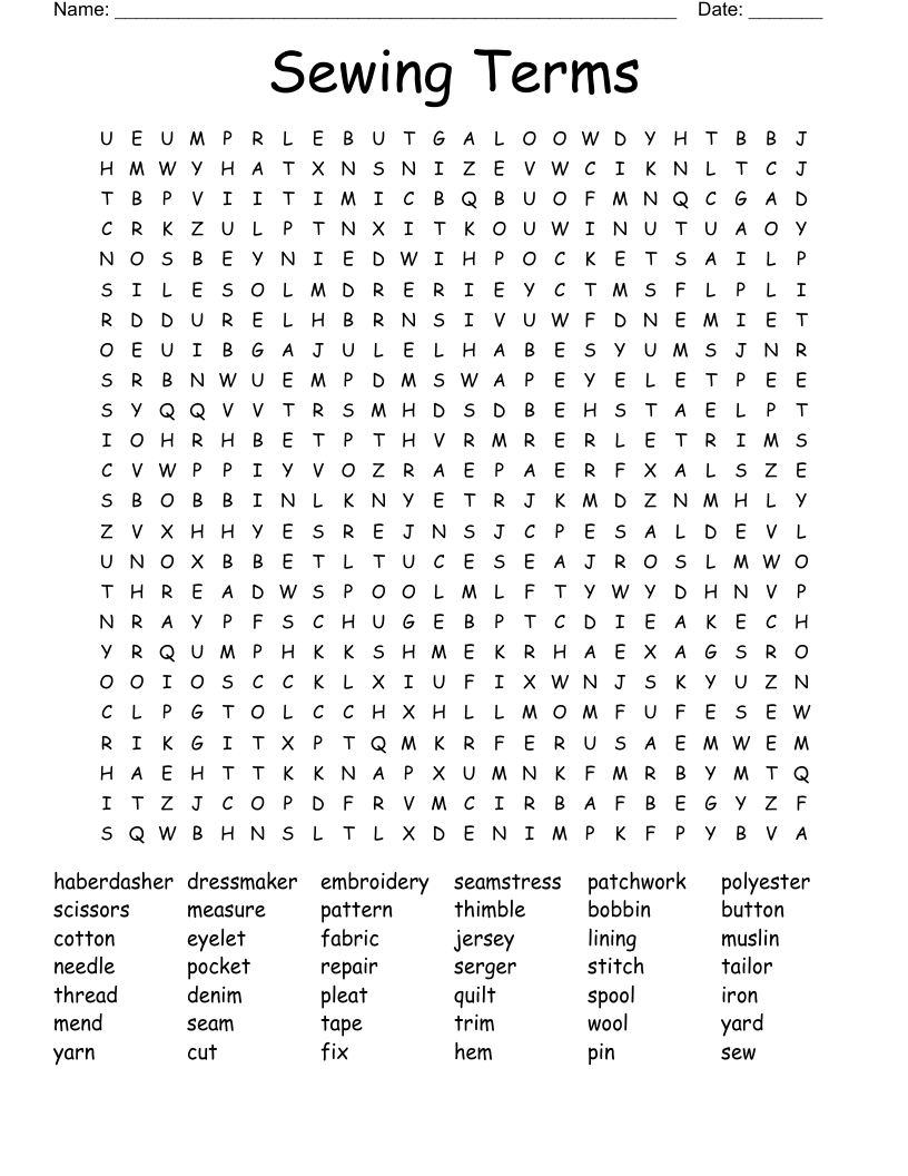 Sewing Terms Word Search