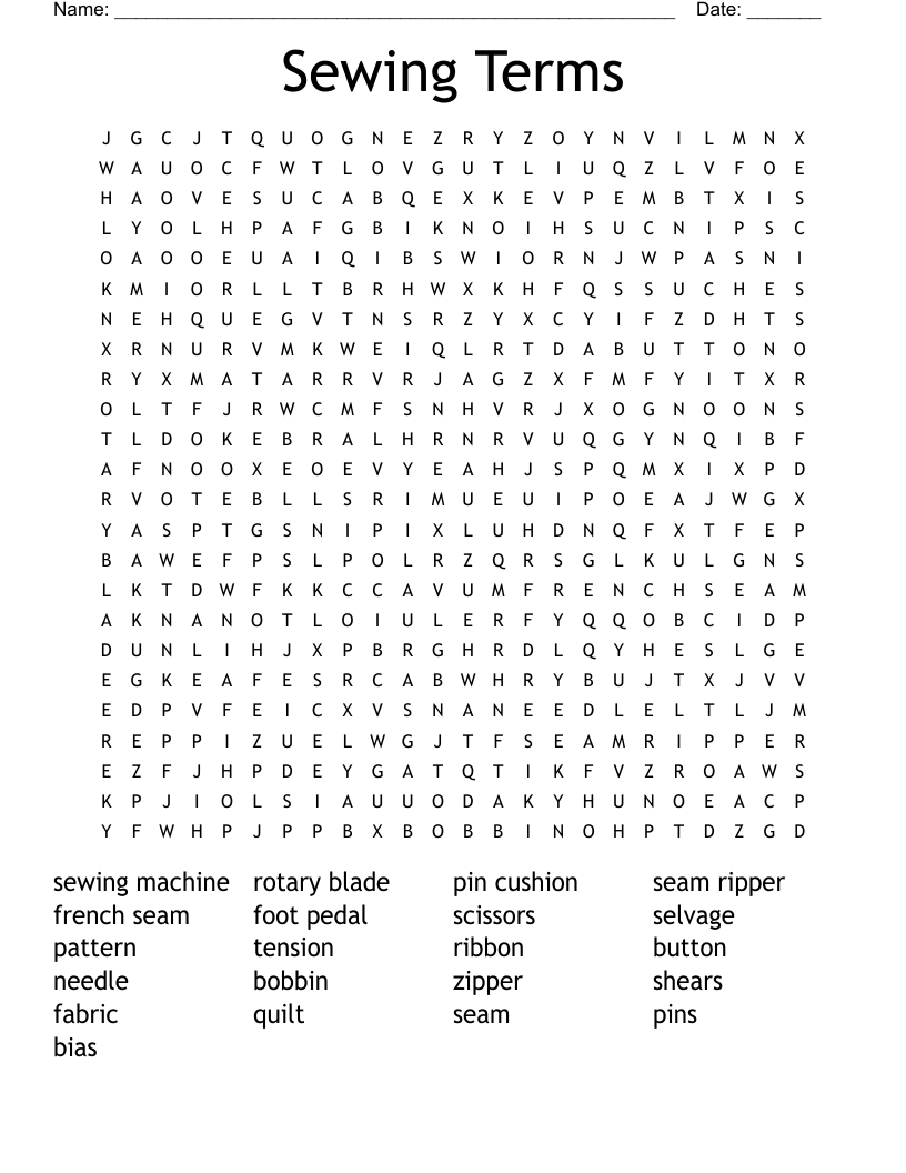 Sewing Terms Word Search