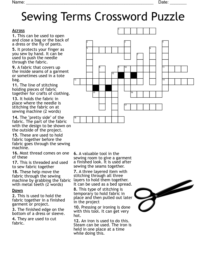 Sewing Terms Crossword Puzzle