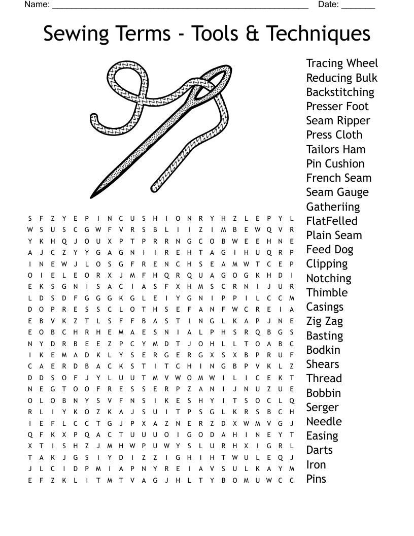 Sewing Terms - Tools & Techniques Word Search