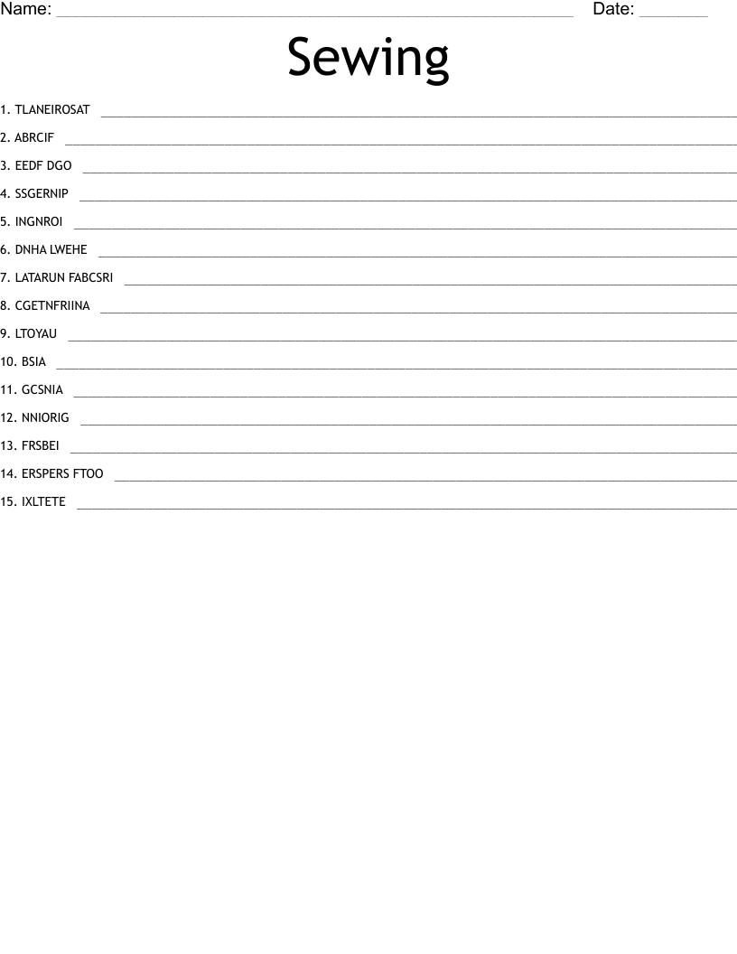 Sewing  Word Scramble