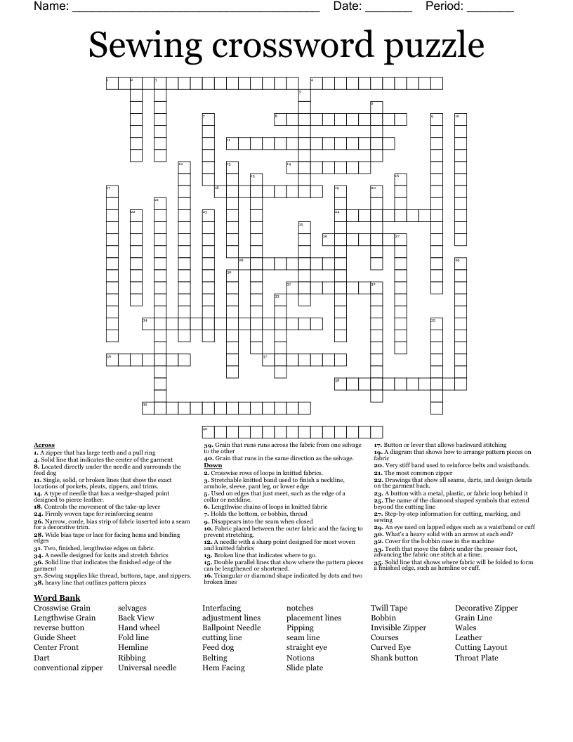 Sewing crossword puzzle