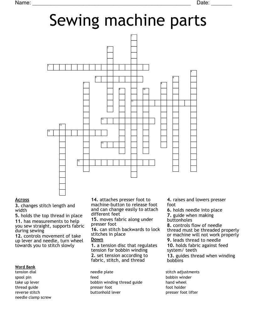 Sewing machine parts Crossword