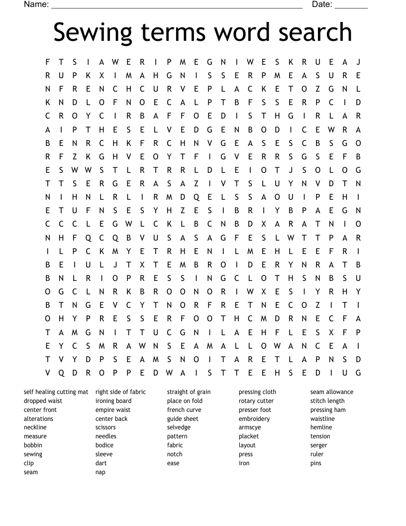 Sewing terms word search