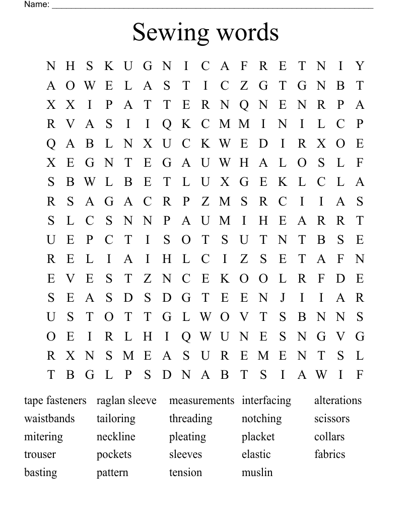 Sewing words Word Search
