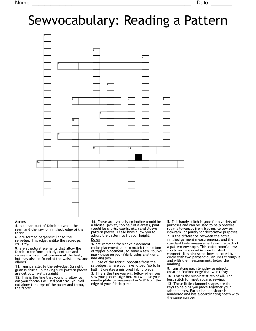 Sewvocabulary:  Reading a Pattern Crossword