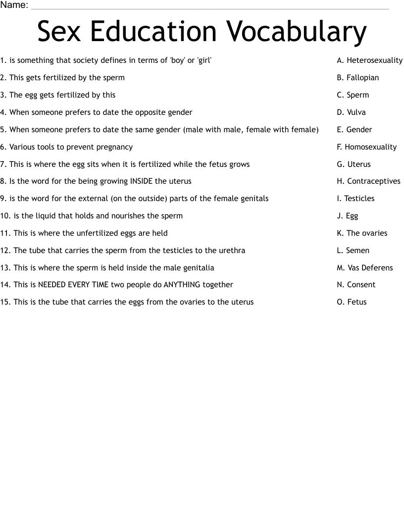Sex Education Vocabulary Worksheet