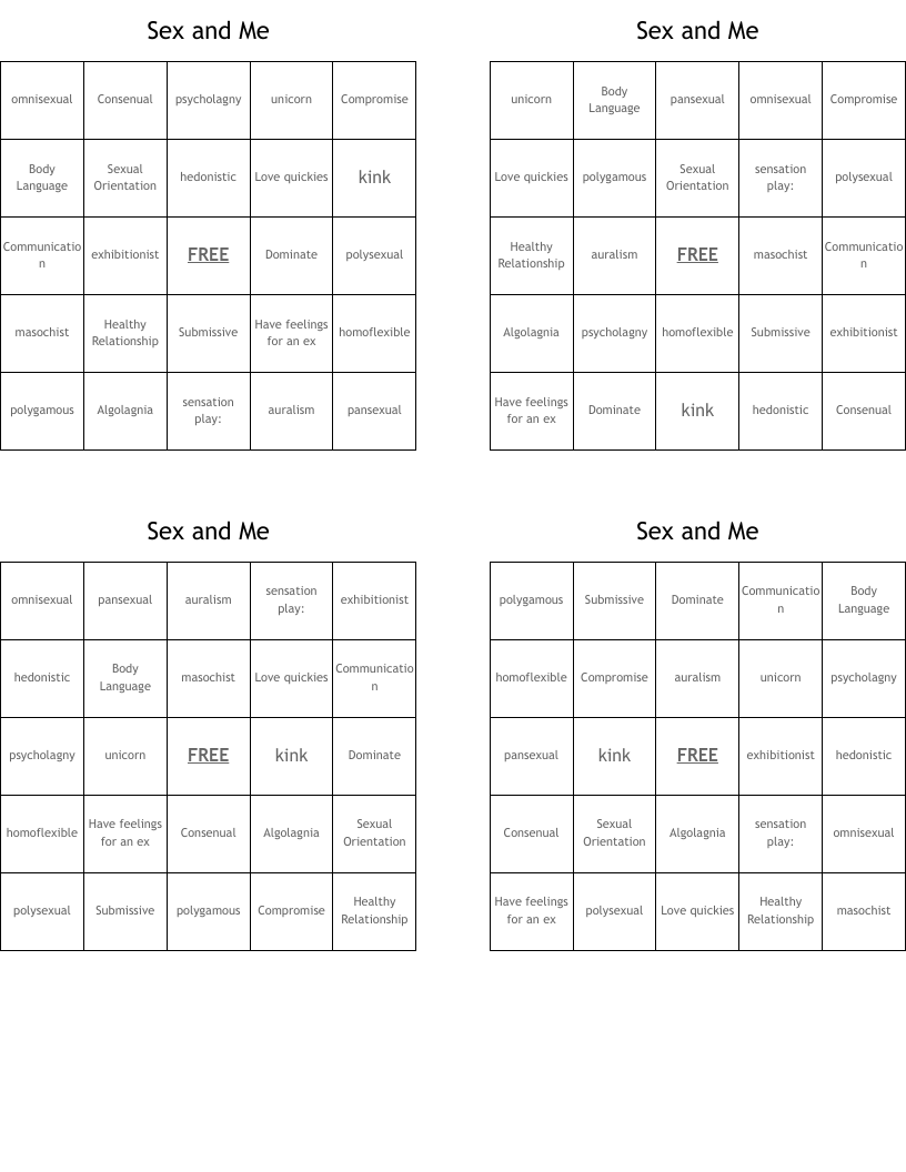 Sex and Me  Bingo Cards