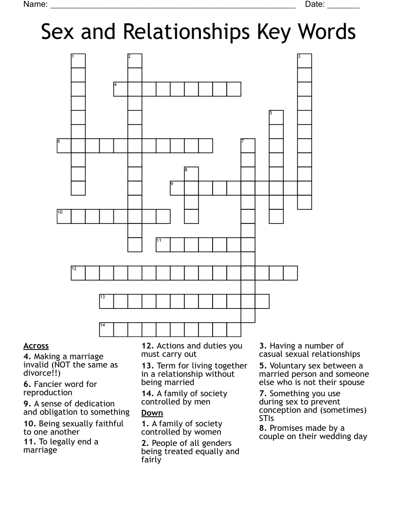 Sex and Relationships Key Words Crossword