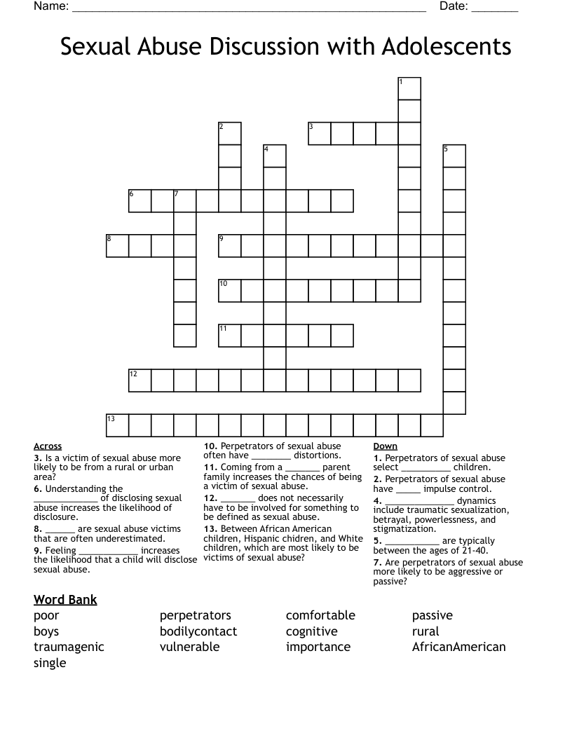 Sexual Abuse Discussion with Adolescents Crossword