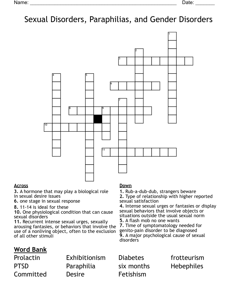 Sexual Disorders, Paraphilias, and Gender Disorders Crossword