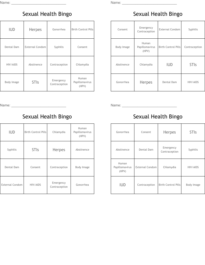 Sexual Health Bingo