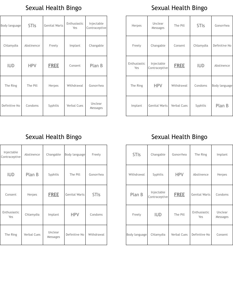 Sexual Health Bingo 