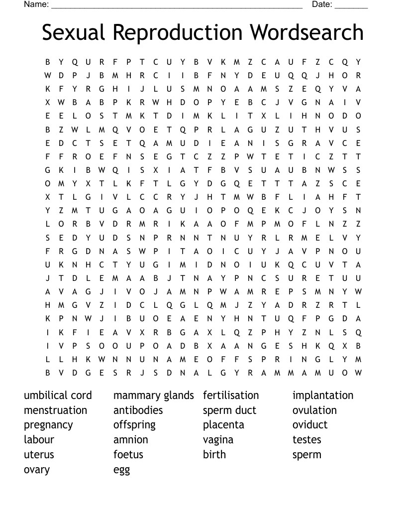 Sexual Reproduction Wordsearch