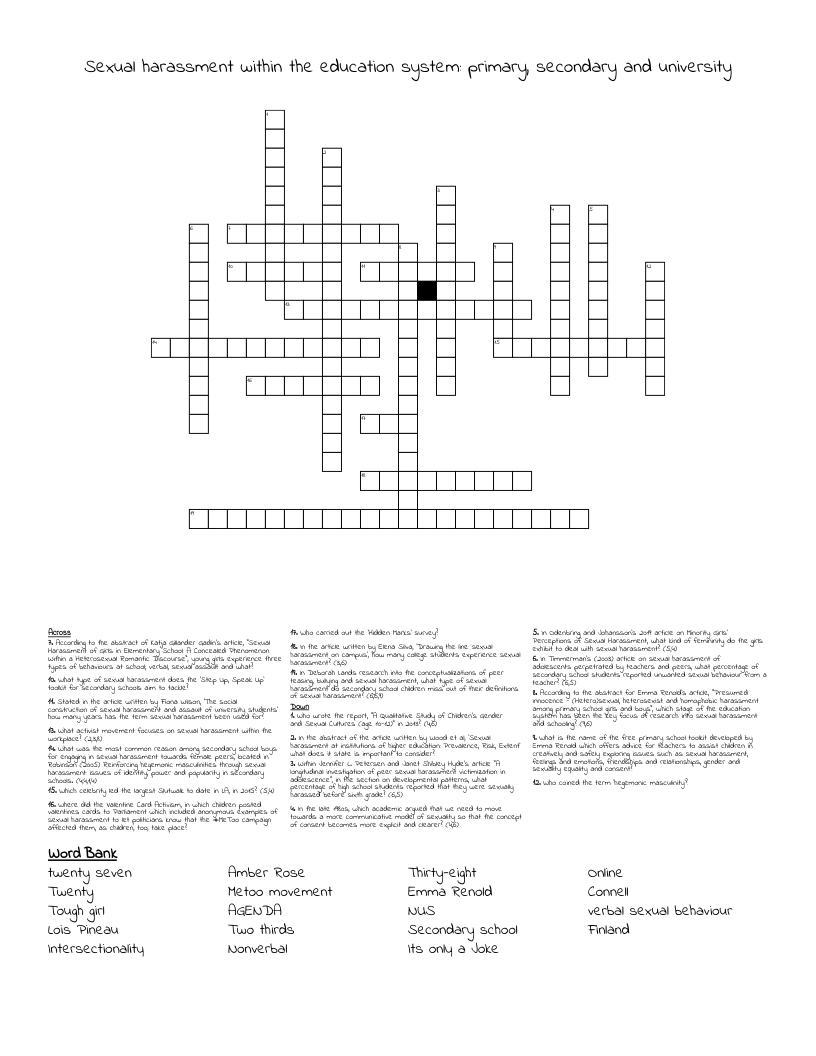 Sexual harassment within the education system: primary, secondary and university Crossword