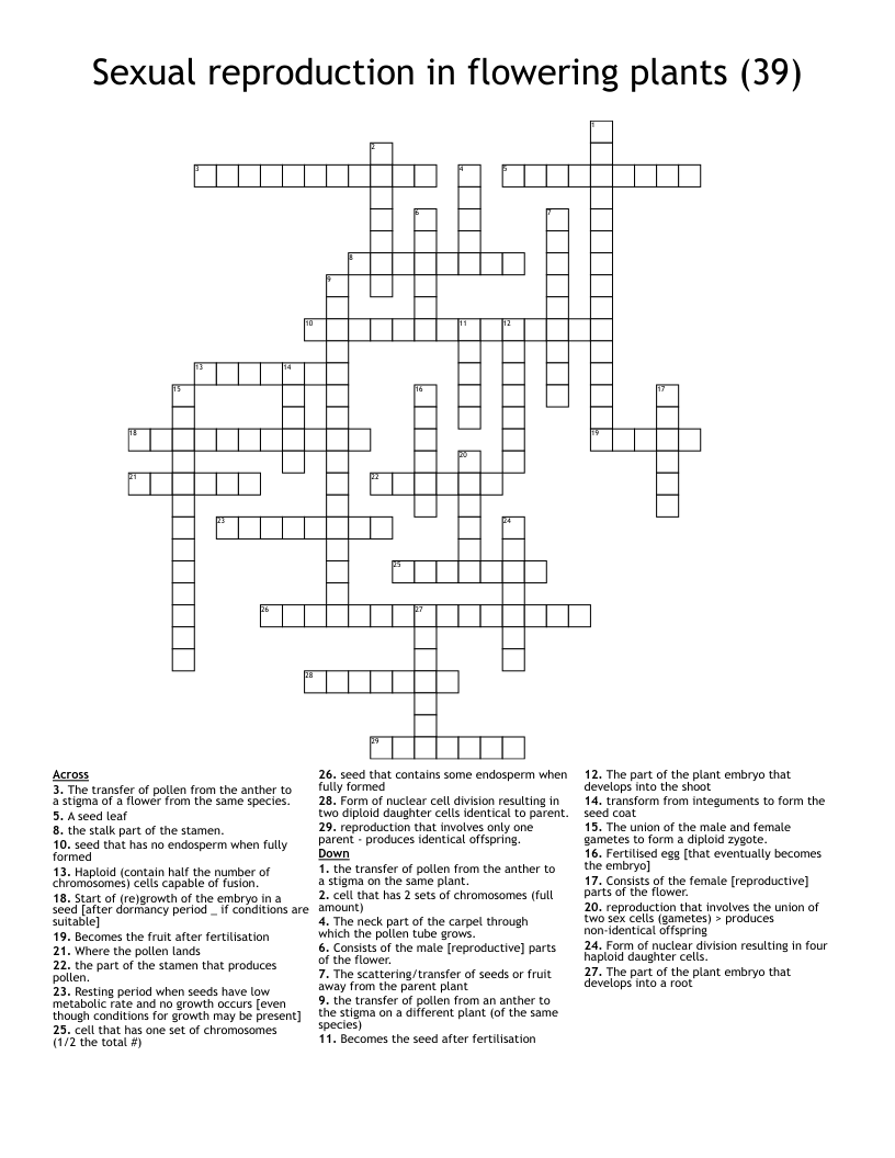 Sexual reproduction in flowering plants (39) Crossword