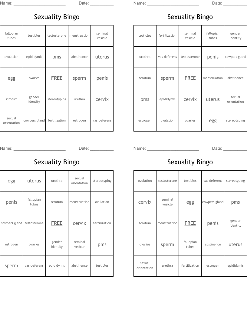 Sexuality Bingo
