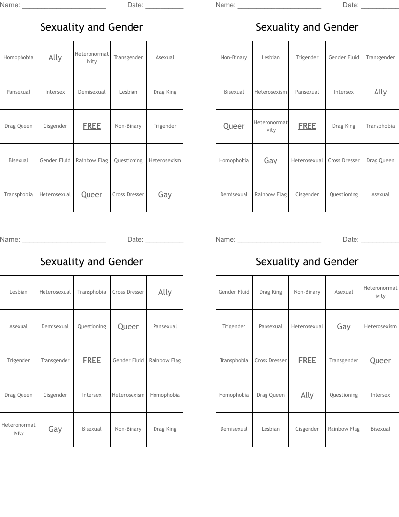 Sexuality and Gender Bingo Cards
