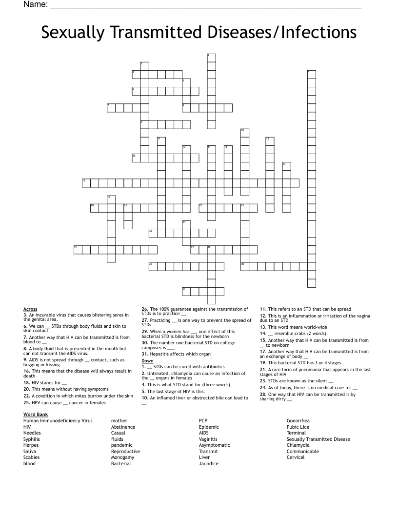 Sexually Transmitted Diseases/Infections Crossword